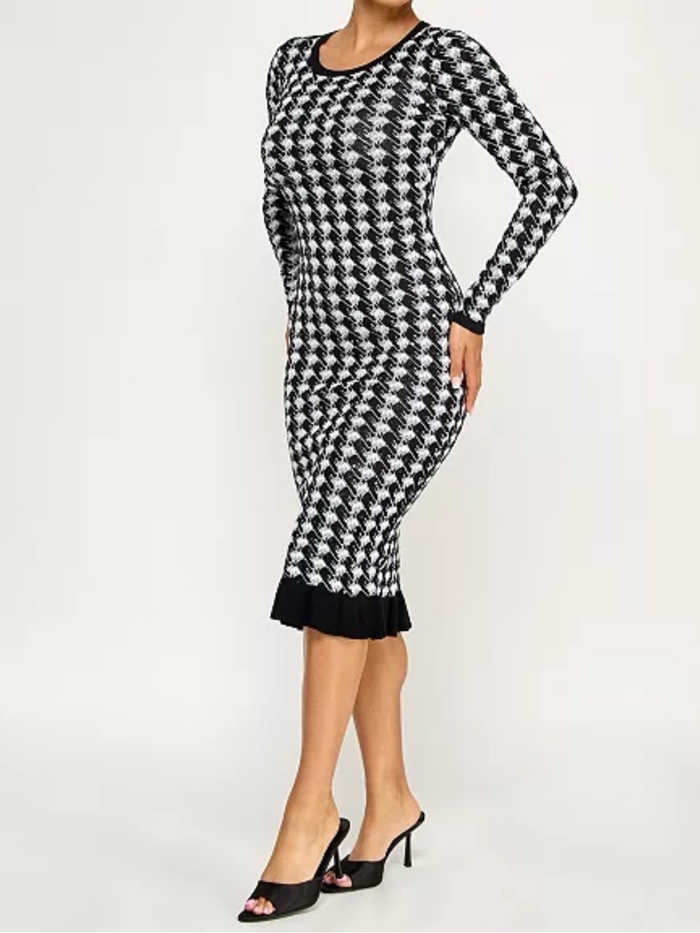 Sequin Houndstooth Ruffle Hem Midi Sweater Dress Size S - Picture 3 of 12